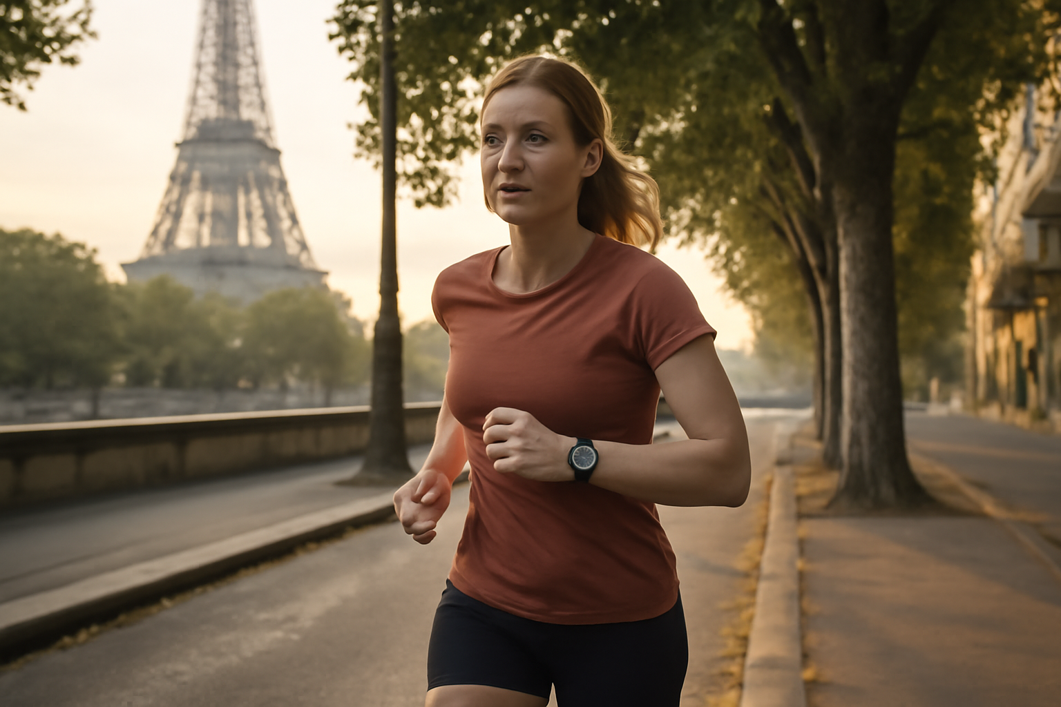 bpm course à pied sur montre cardio pendant une sortie en ville au lever du soleil