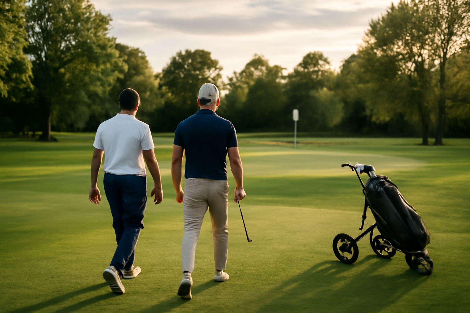 golf lille metropole à Ronchin : golfeurs sur le parcours au coucher de soleil