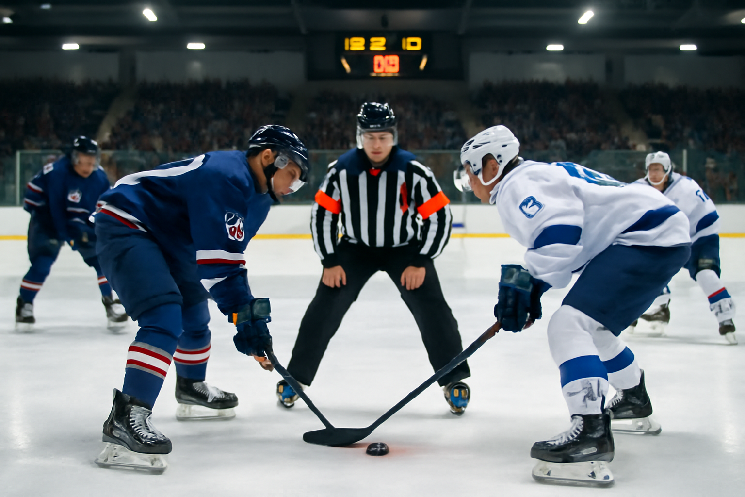 Hockey sur glace D2 2025-2026 : match en patinoire, joueurs et tableau de score