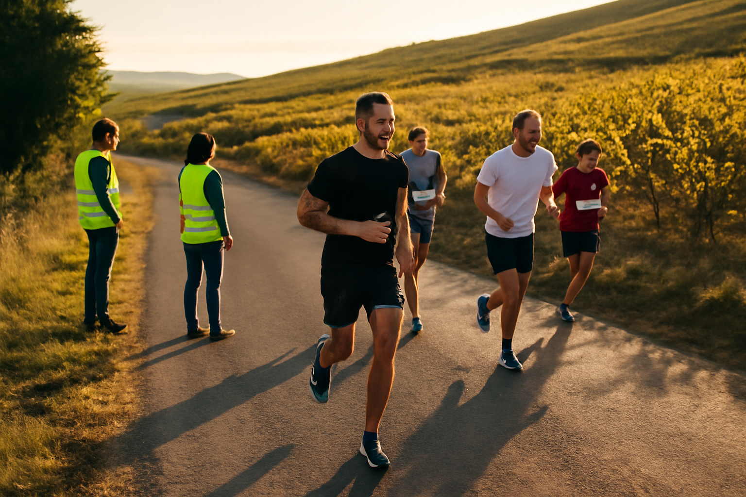 Coureurs sur la route du marathon de Beaujolais au crépuscule, collines du vignoble