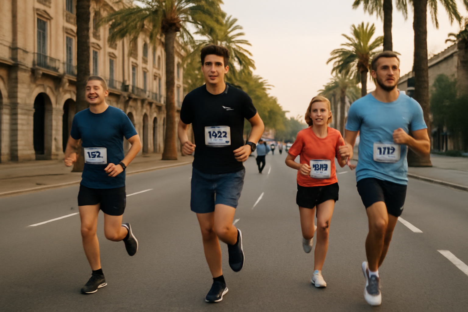semi marathon barcelone sur le parcours urbain de Barcelone, coureurs en tenue au lever du jour