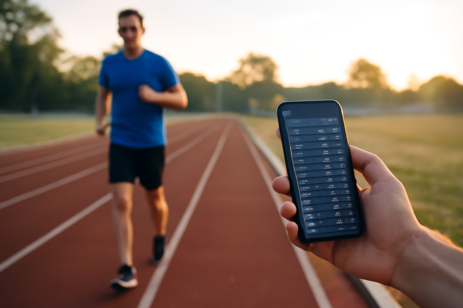 Tableau d’allures pour vma 14 sur smartphone, coureur sur piste au lever du soleil