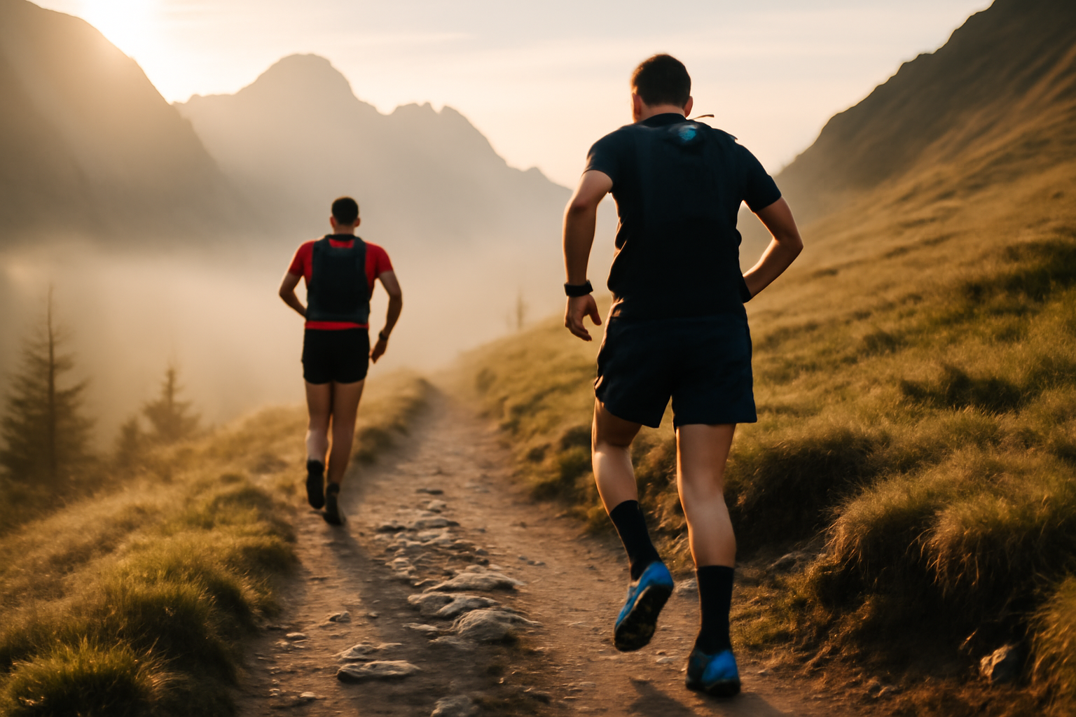 ccc course : coureurs sur un sentier de montagne au lever du jour