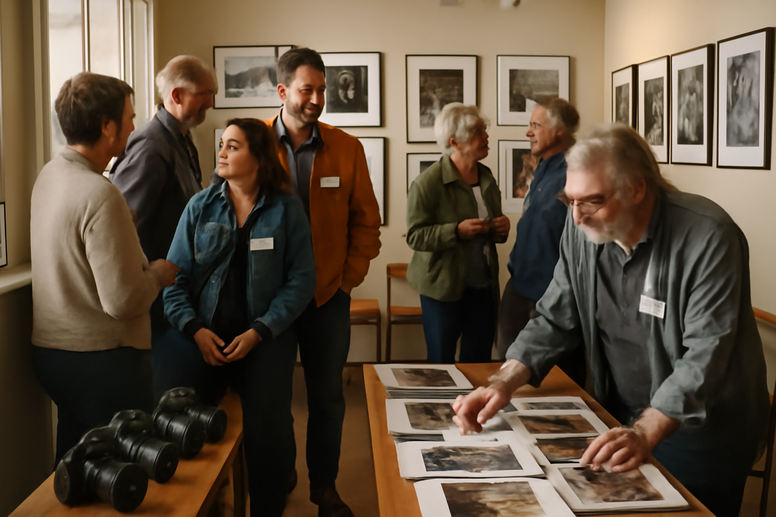 Photo réaliste d’un club photos local : membres devant un mur d’exposition, appareils photo et pochettes de tirages, lumière de fin d’après-midi
