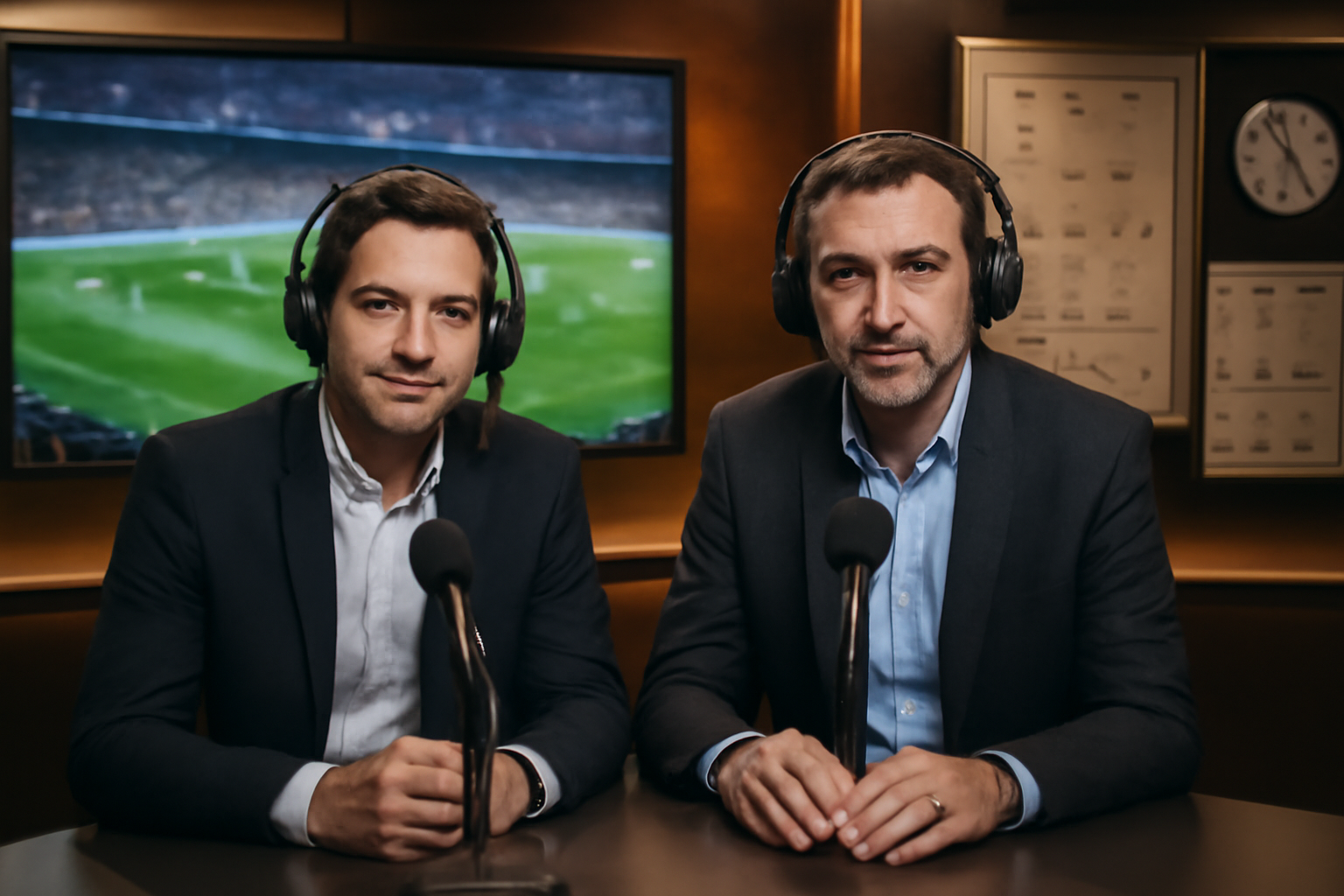 commentateurs de foot en studio TV pendant une retransmission de match