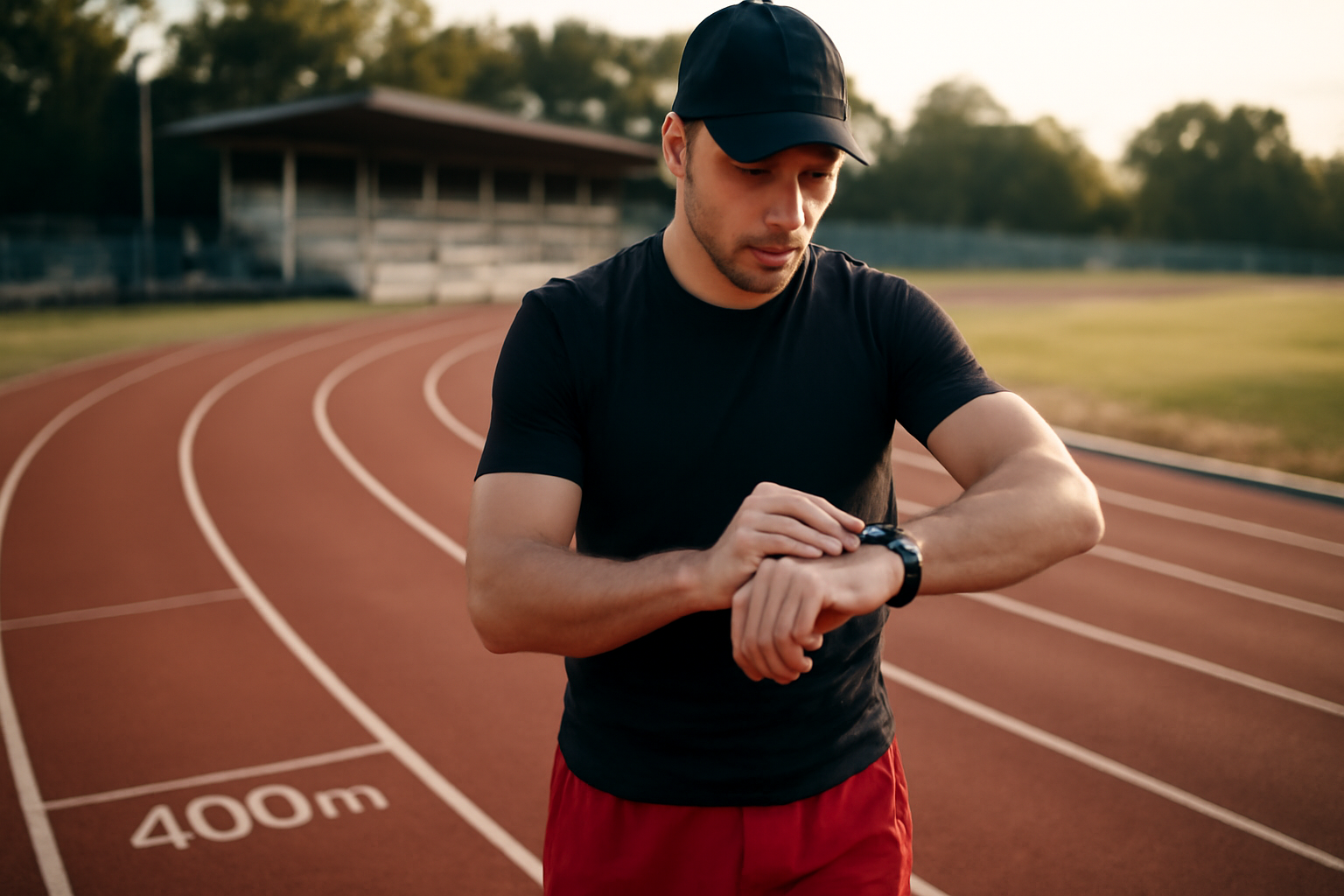 Courir 10 km en 1h : coureur sur piste avec chronomètre, repères d’allure