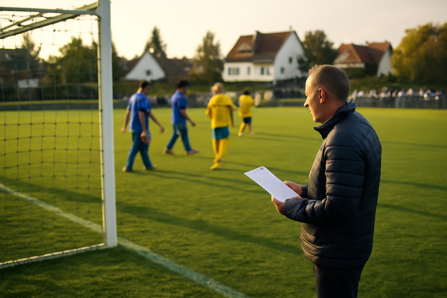 fc soleil bischheim au stade de Bischheim, joueurs en tenue et tribune au coucher de soleil