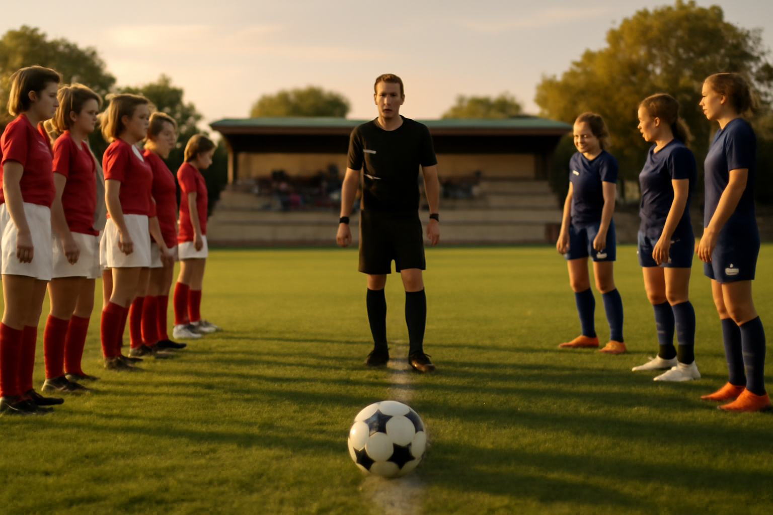 Joueuses de football féminin U19 sur un terrain en fin d’après-midi, maillots de match, ballons et arbitre au centre