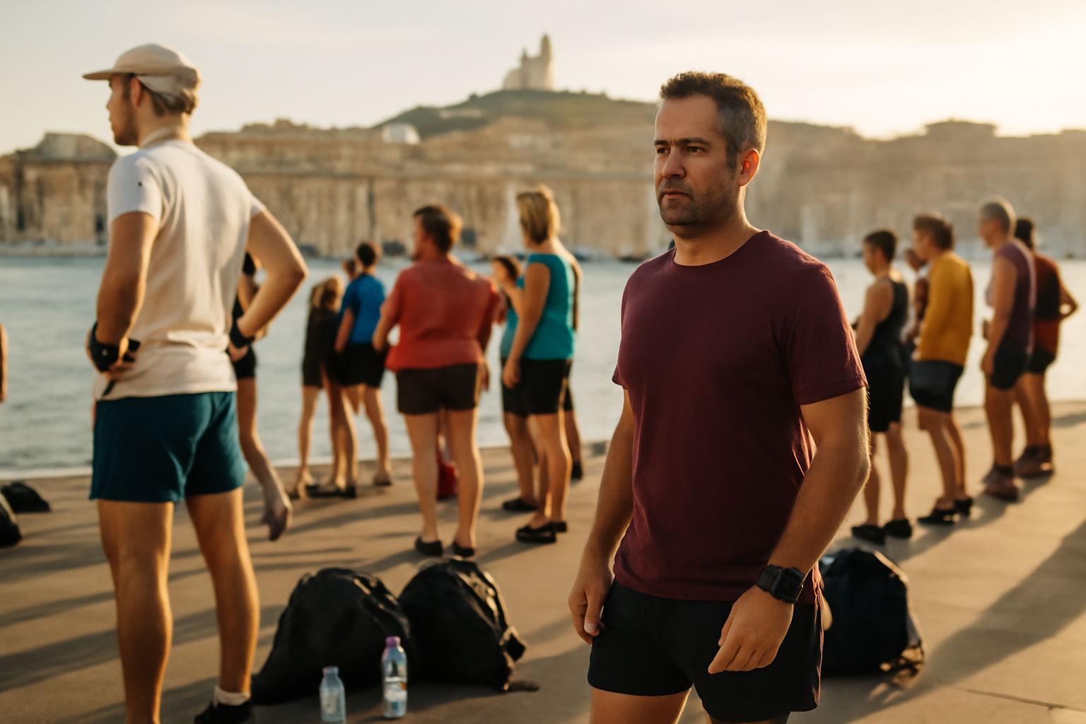 marseille cassis parcours au départ devant la mer, coureurs en tenue légère