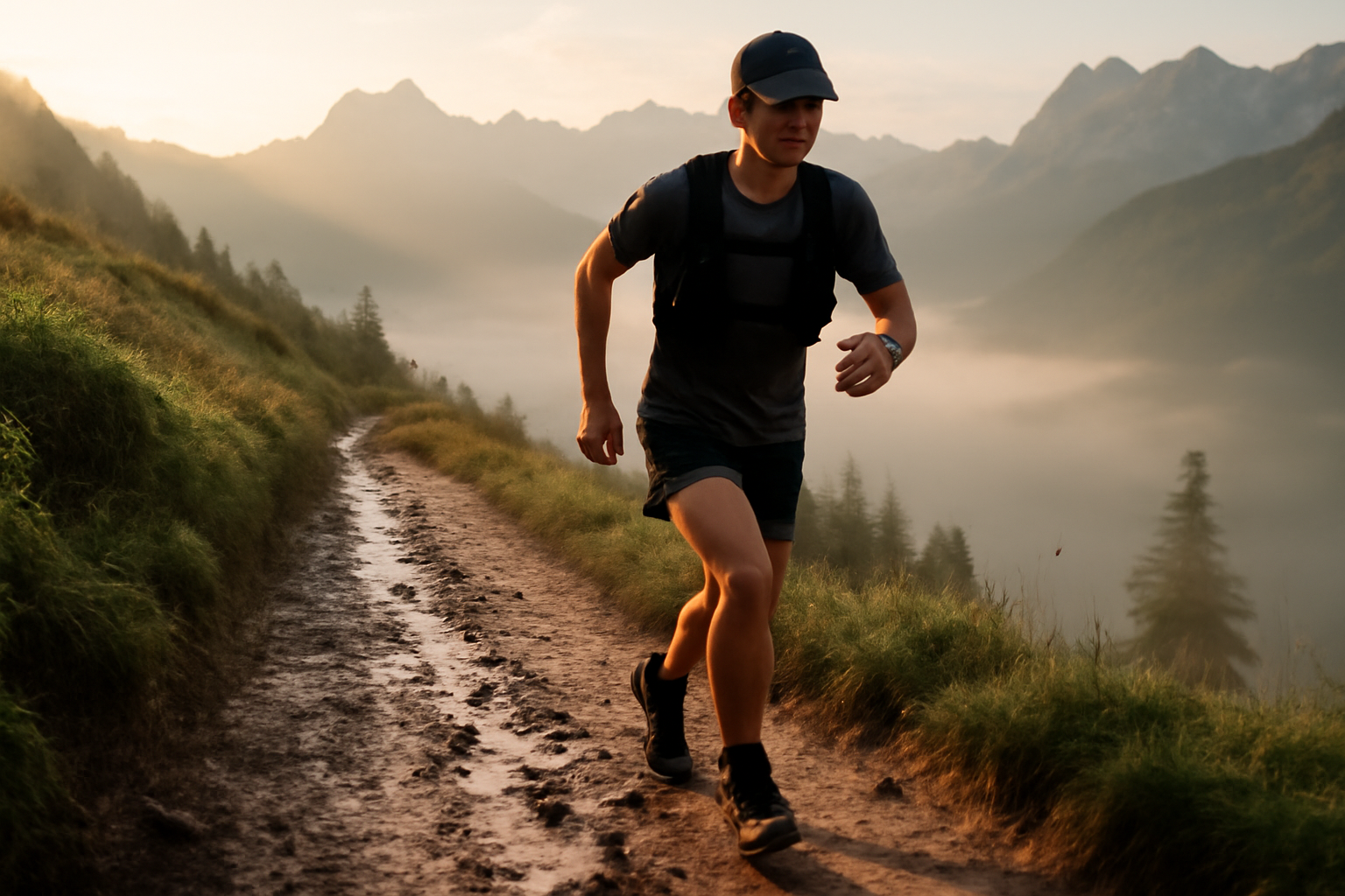 mathieu blanchard utmb sur un sentier en montagne, lumière du matin