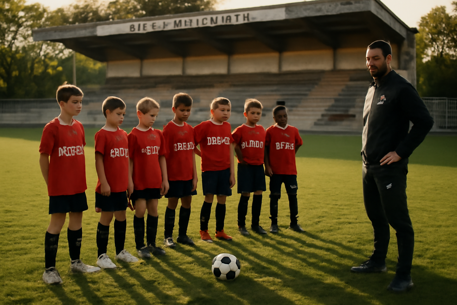 saint nazaire foot : équipe de football du SNAF sur le terrain de Saint-Nazaire, joueurs en tenue, lumière de fin d’après-midi, ambiance match