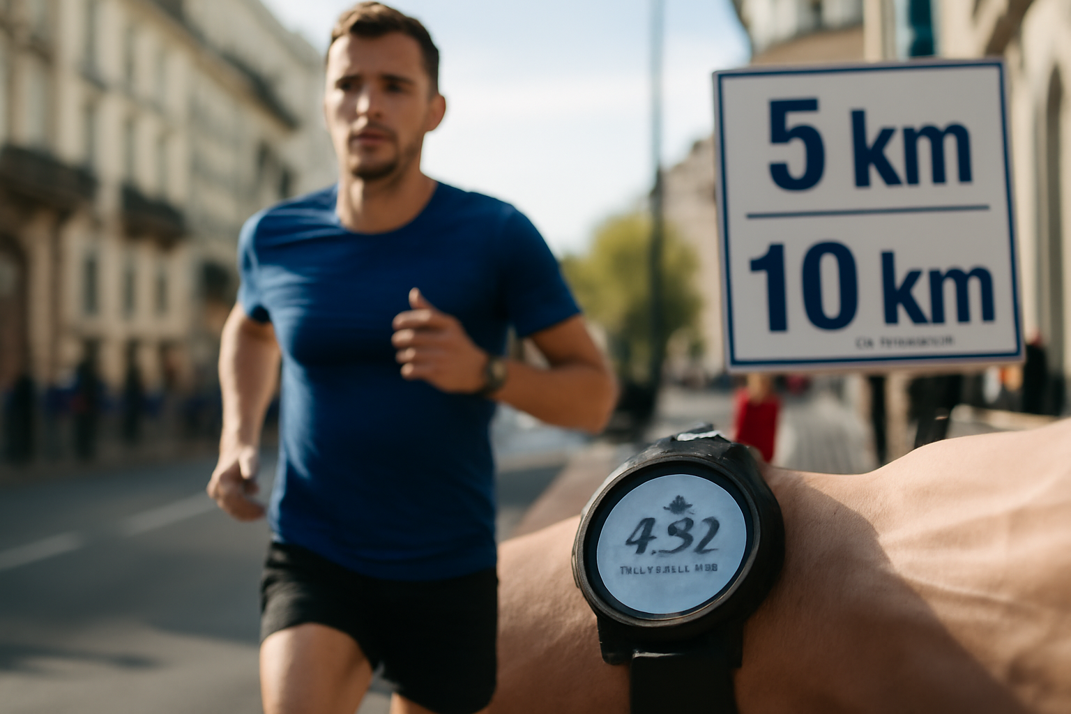 vitesse semi marathon : coureur avec montre et repères de passage sur un semi-marathon