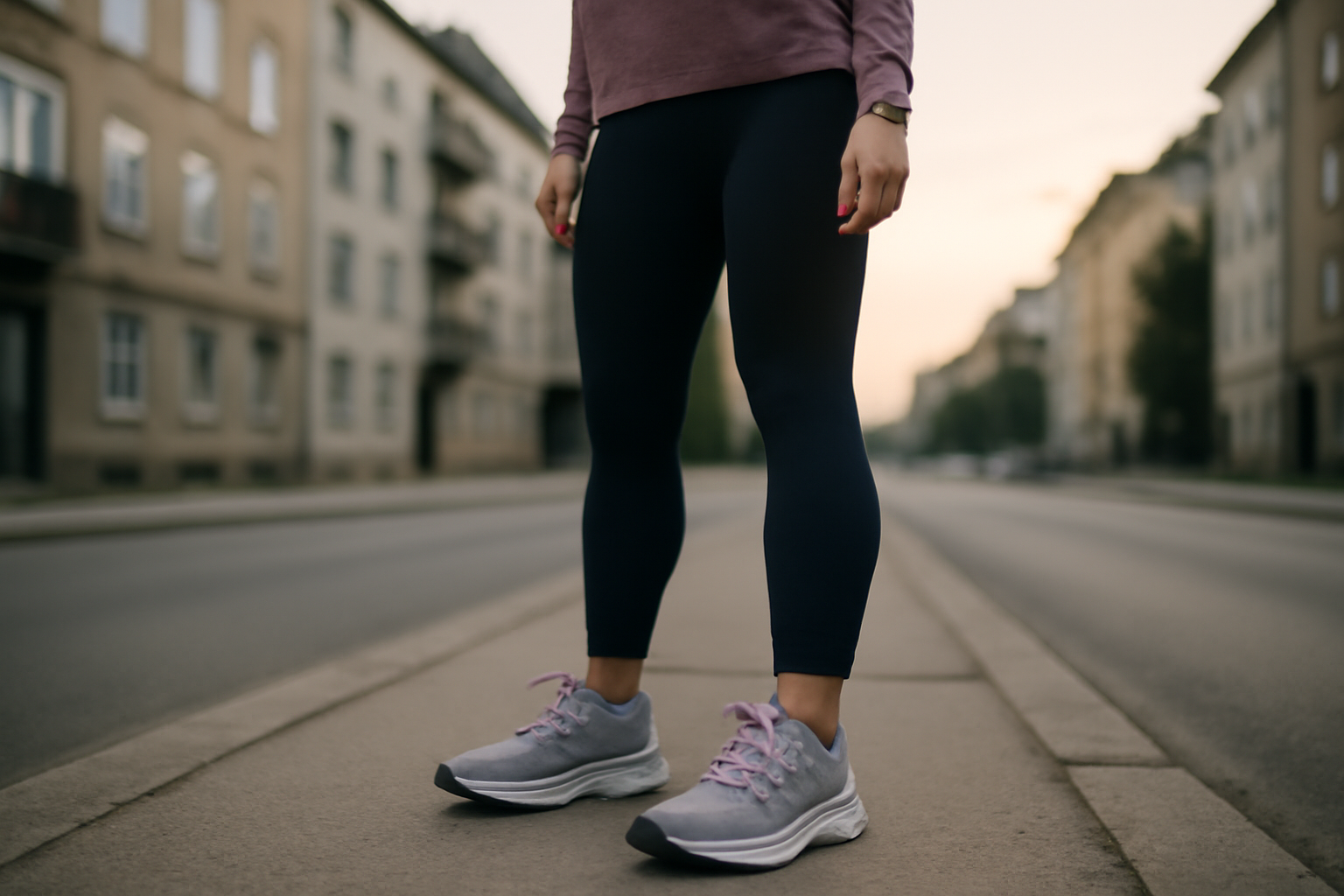 basket running femme sur route au lever du jour, gros plan sur la semelle et le laçage