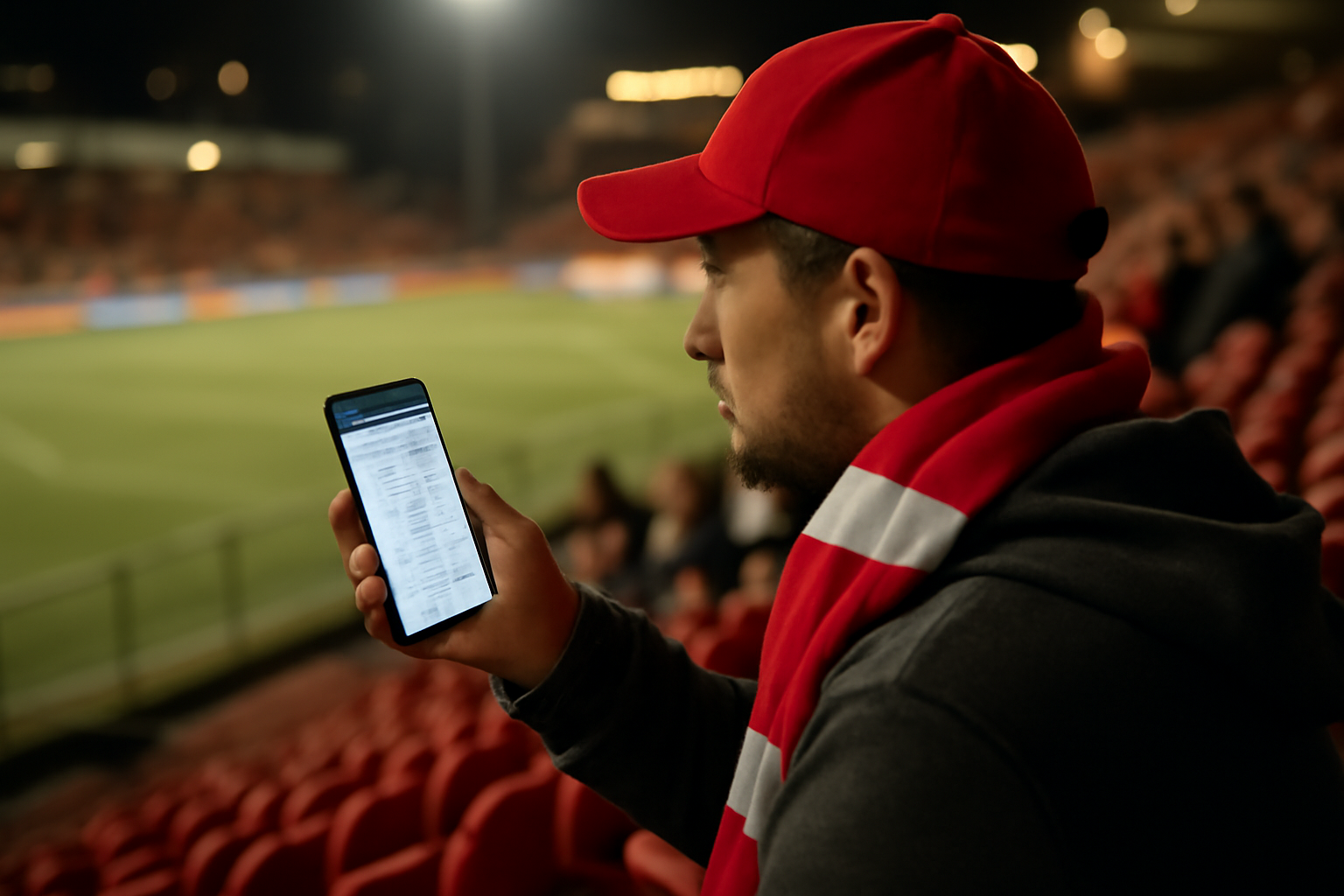 Supporter vérifiant le classement AS Nancy Lorraine sur un smartphone au stade, lumière de soirée