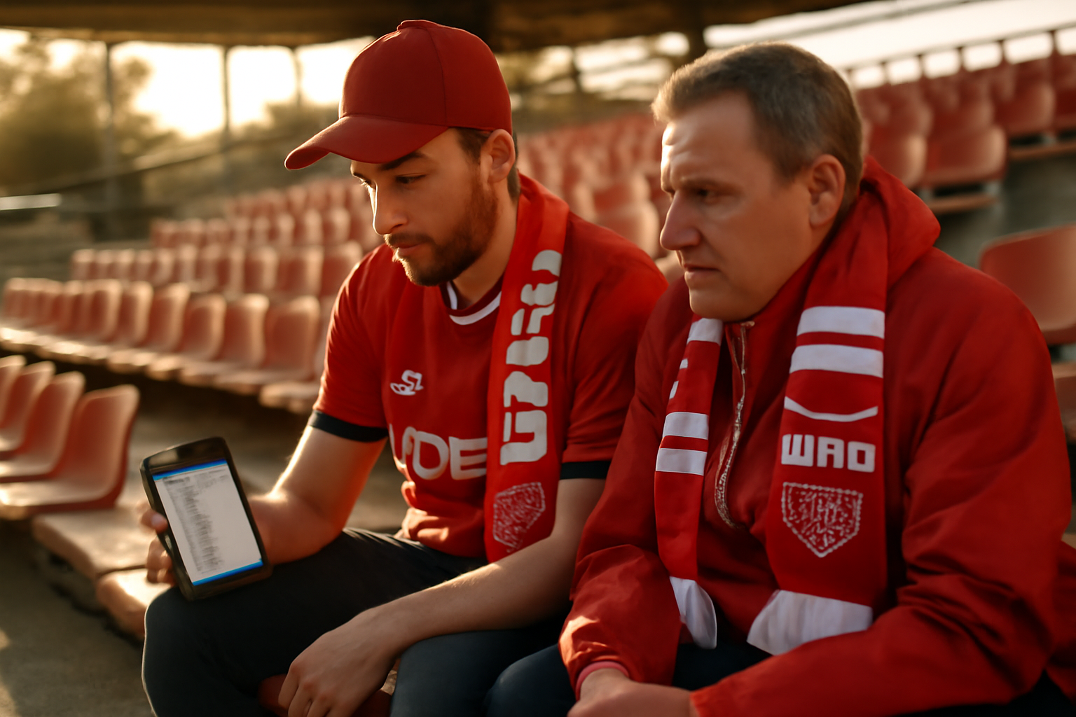 Supporters du DFCO regardant sur un téléphone le classement dijon football côte-d'or dans un stade en lumière du soir