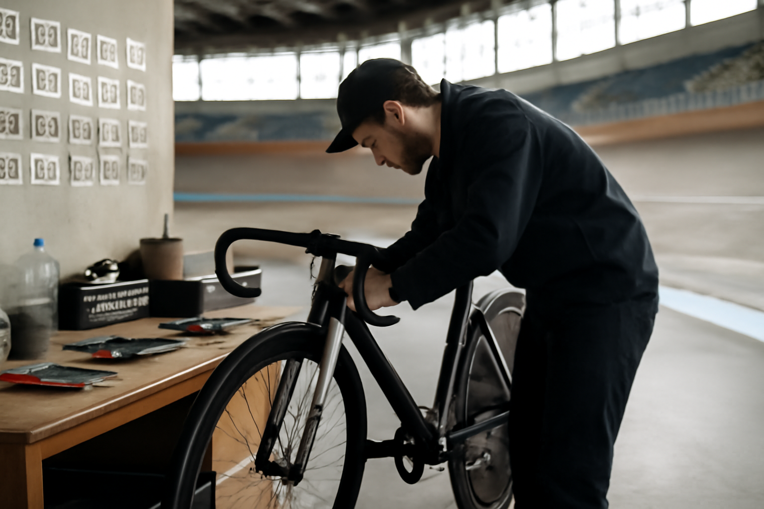 claude cherod mécanicien cyclisme sur piste près d’un vélodrome, atelier technique