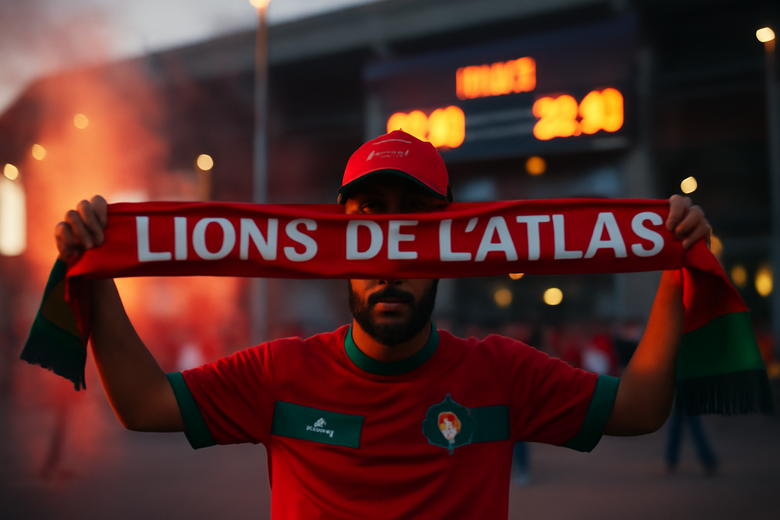 Photographie réaliste : fan du Maroc portant un écharpe aux couleurs des Lions de l’Atlas devant un stade, écran indiquant la coupe du monde maroc, lumière de soir