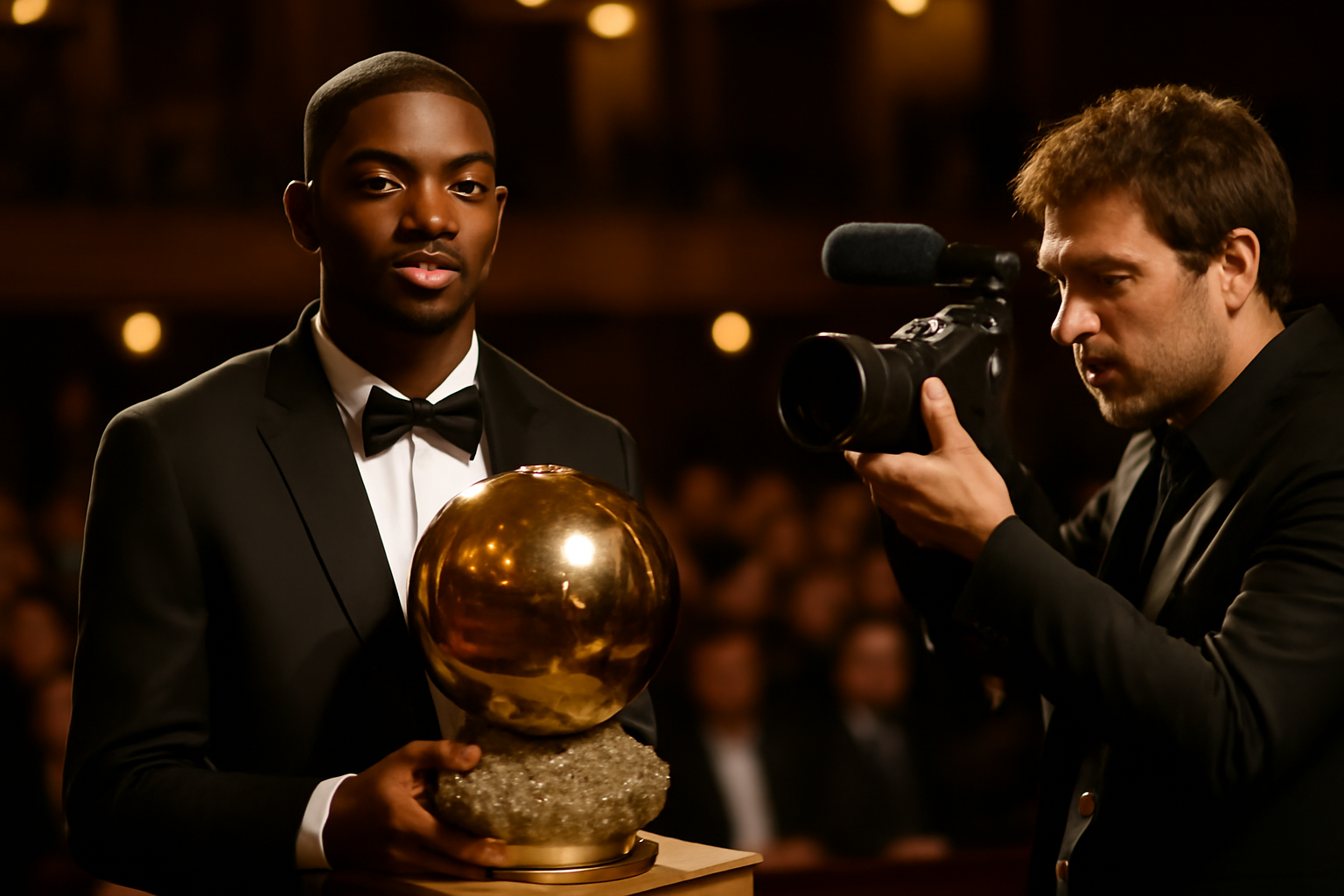 Ousmane Dembélé brandissant le Ballon d’Or au Théâtre du Châtelet à Paris