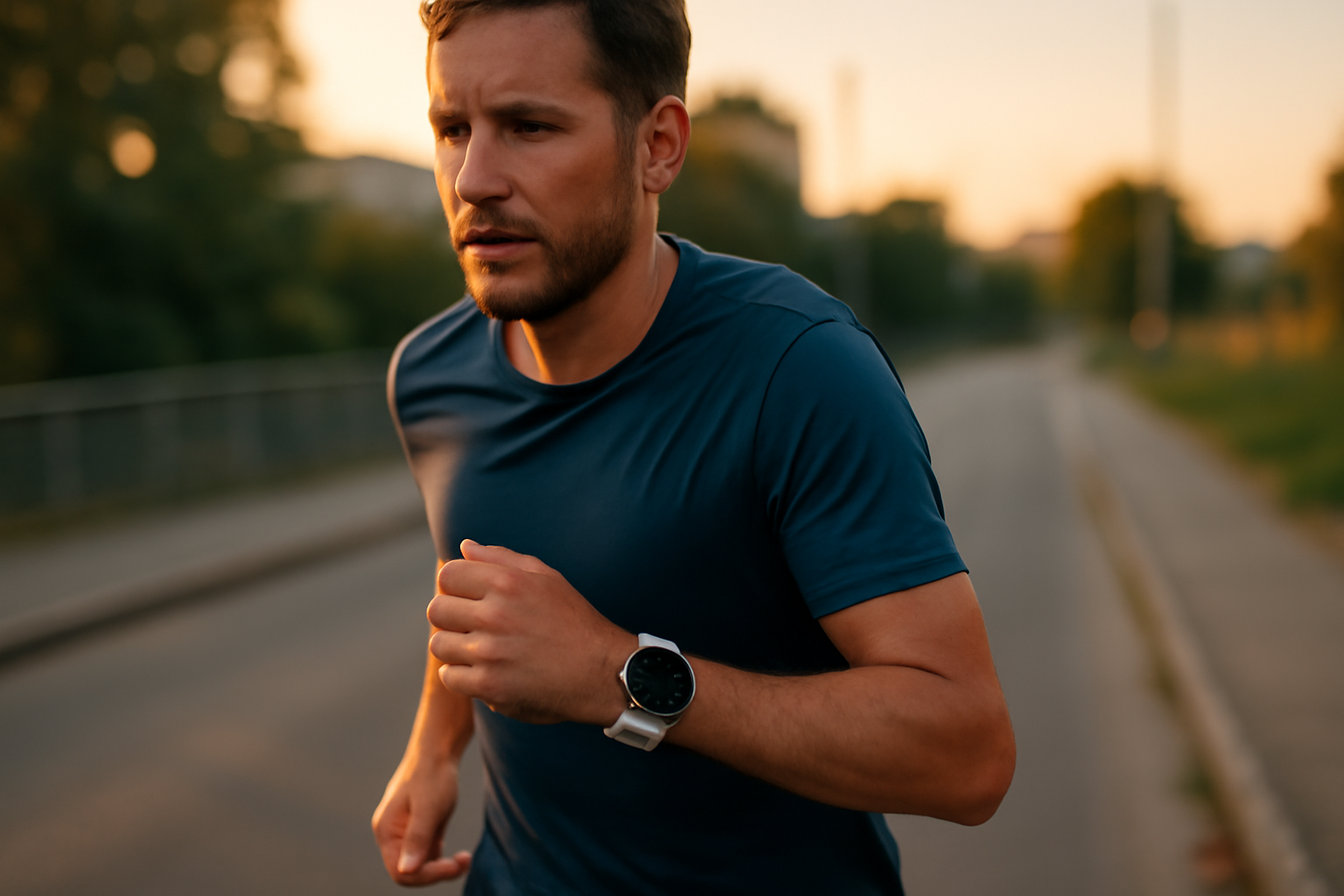 garmin forerunner 265 sur le poignet d’un coureur en extérieur, écran AMOLED visible sous la lumière du matin