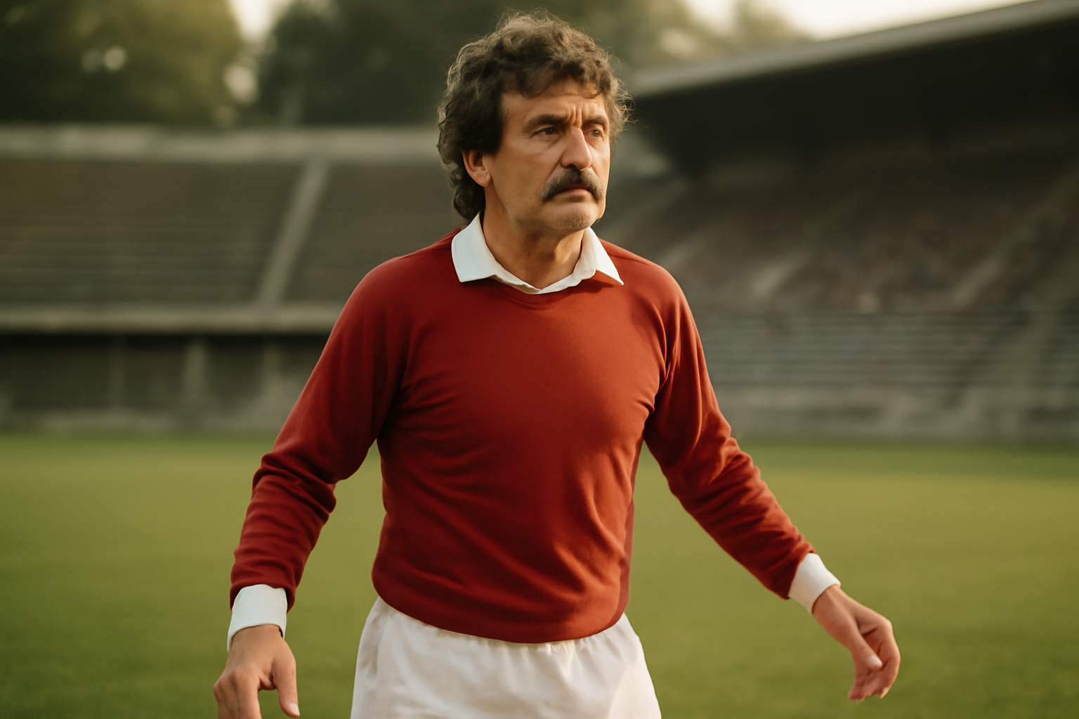 Marius Trésor en tenue de football, posture de libéro lors d’un match, stade en arrière-plan