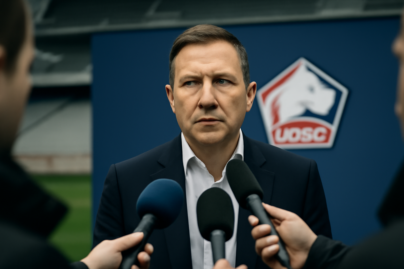 Photo réaliste d’Olivier Létang lors d’une conférence de presse du LOSC, lumière de stade, micro et documents officiels