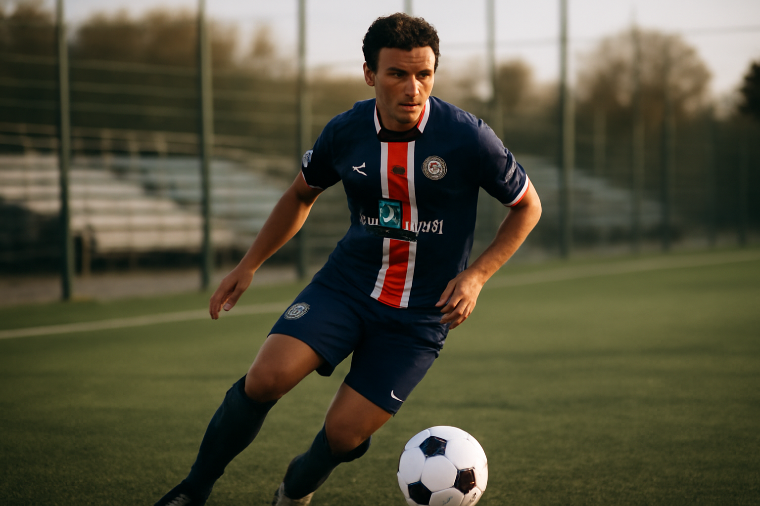 Quentin Enzo Léo Ndjantou Mbitcha sur un terrain de football en France, lumière naturelle, tenue sportive