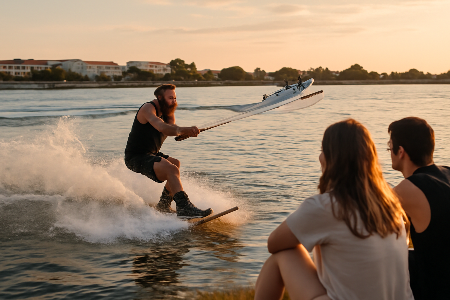 sport en w : planche de wakeboard sur l’eau derrière un bateau au coucher du soleil