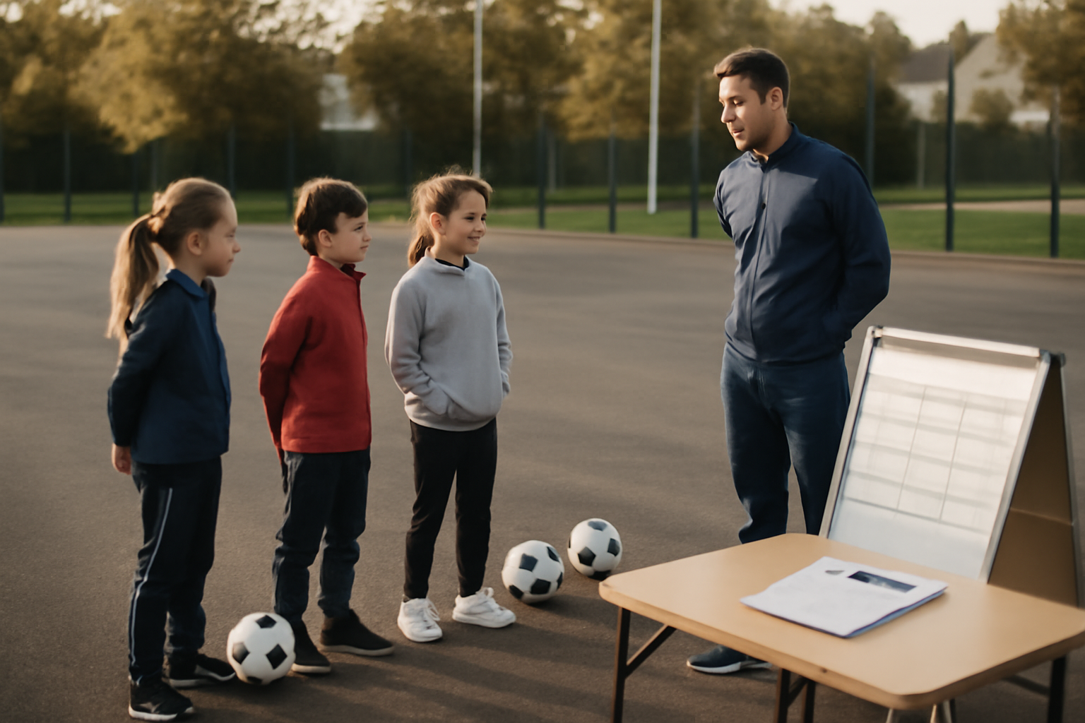 Enfants en tenue sportive sur un terrain à Auxerre, devant un panneau de l’association et une table d’inscription