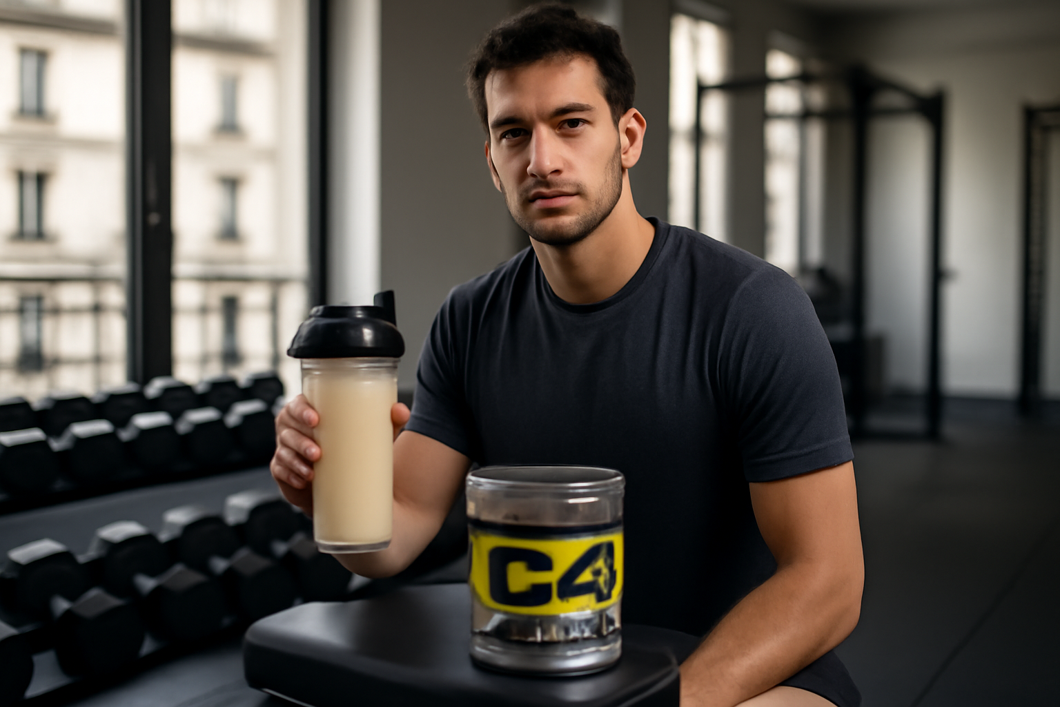 Pot de C4 pre workout supplement Cellucor et shaker devant une salle de sport, lumière naturelle