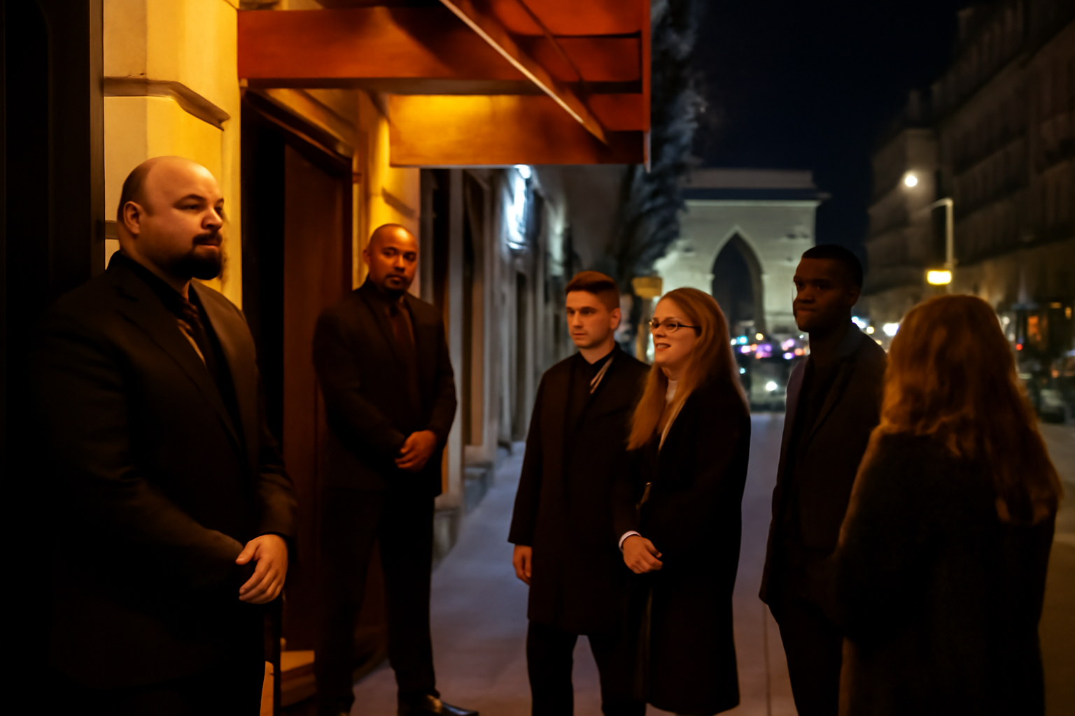 Photo réaliste du club l’arc paris près de l’Arc de Triomphe, entrée de nuit avec lumière urbaine