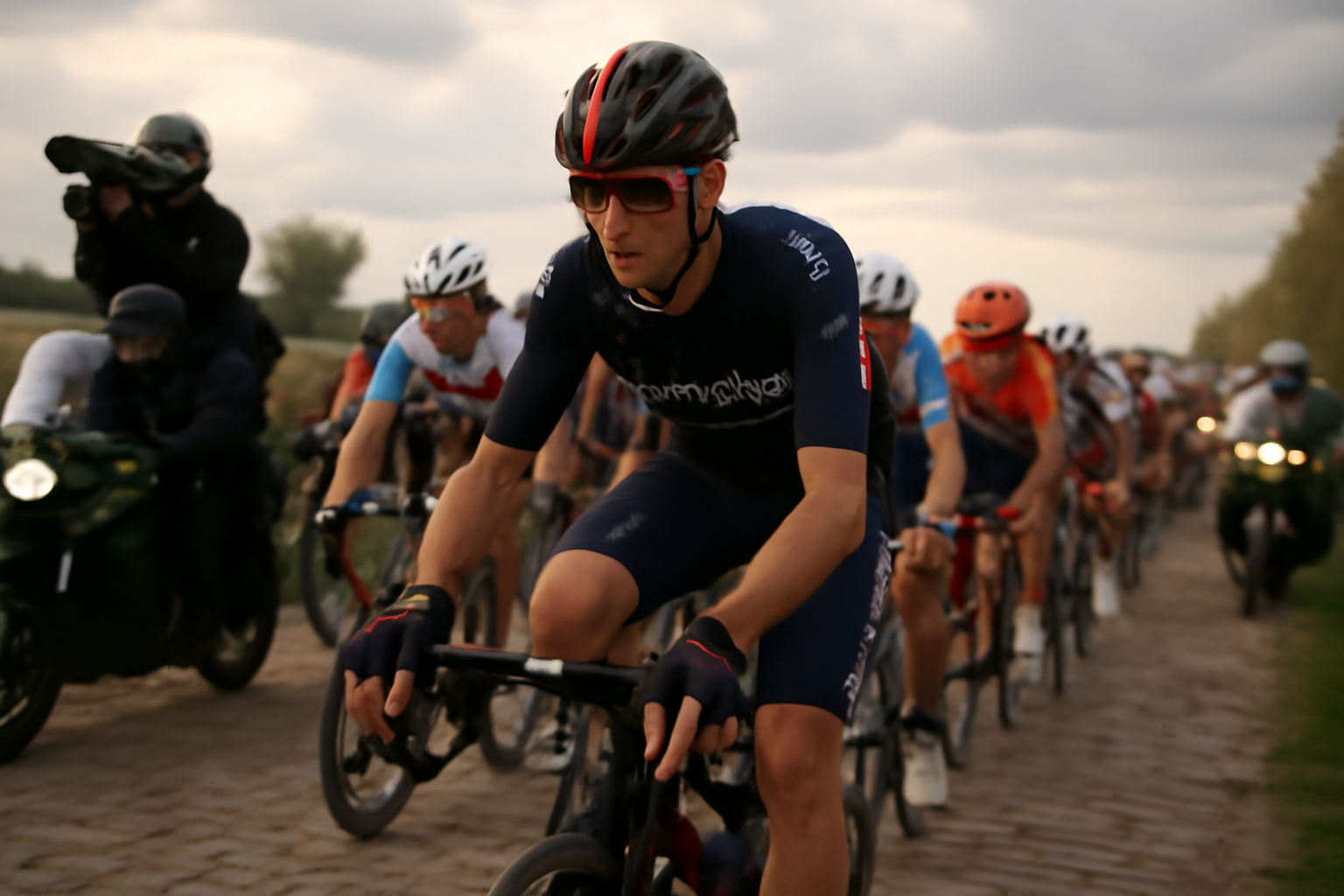 dylan van baarle en course sur une classique du printemps, peloton et ciel couvert, style photo réaliste