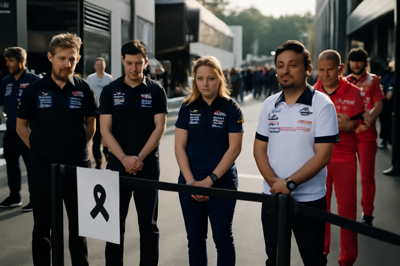 Photo réaliste d’un paddock de Formule 1 avec rubans noirs et minute de silence, illustrant la formule 1 en deuil