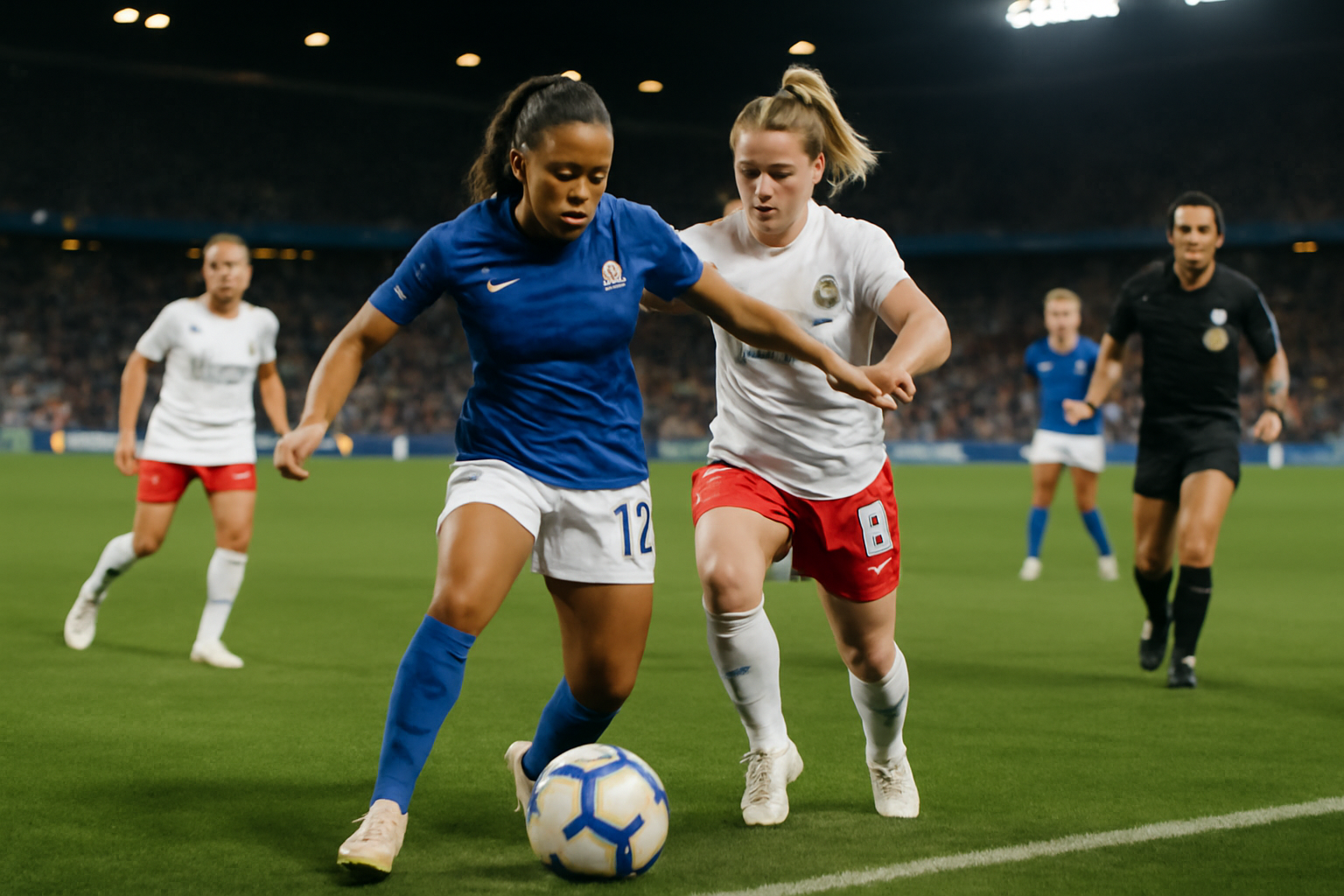 france angleterre foot feminin France et Angleterre féminines pendant un match de l’Euro féminin 2025 au stade, ambiance nocturne réaliste