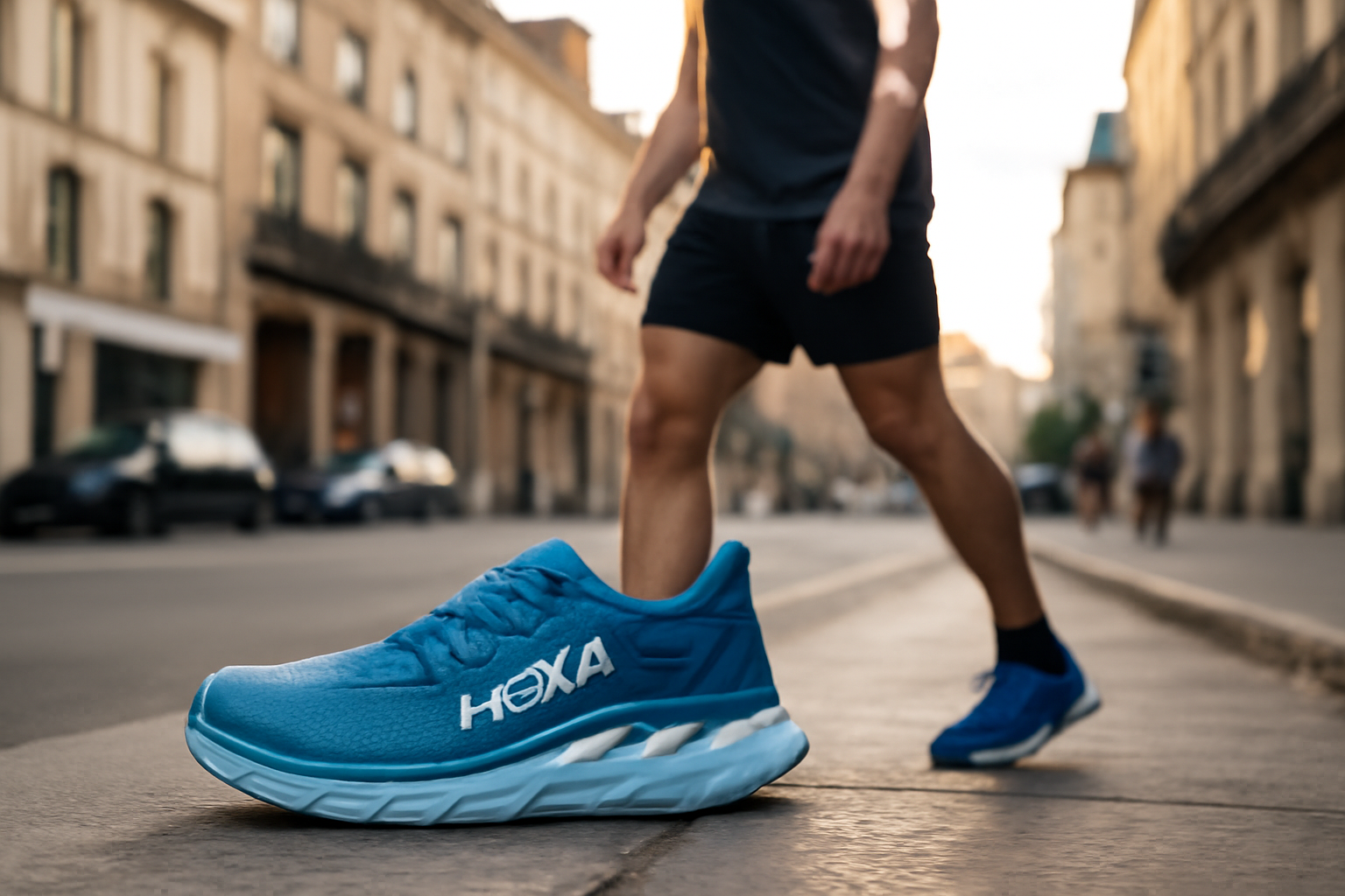 hoka clifton 10 sur trottoir en ville, lumière naturelle