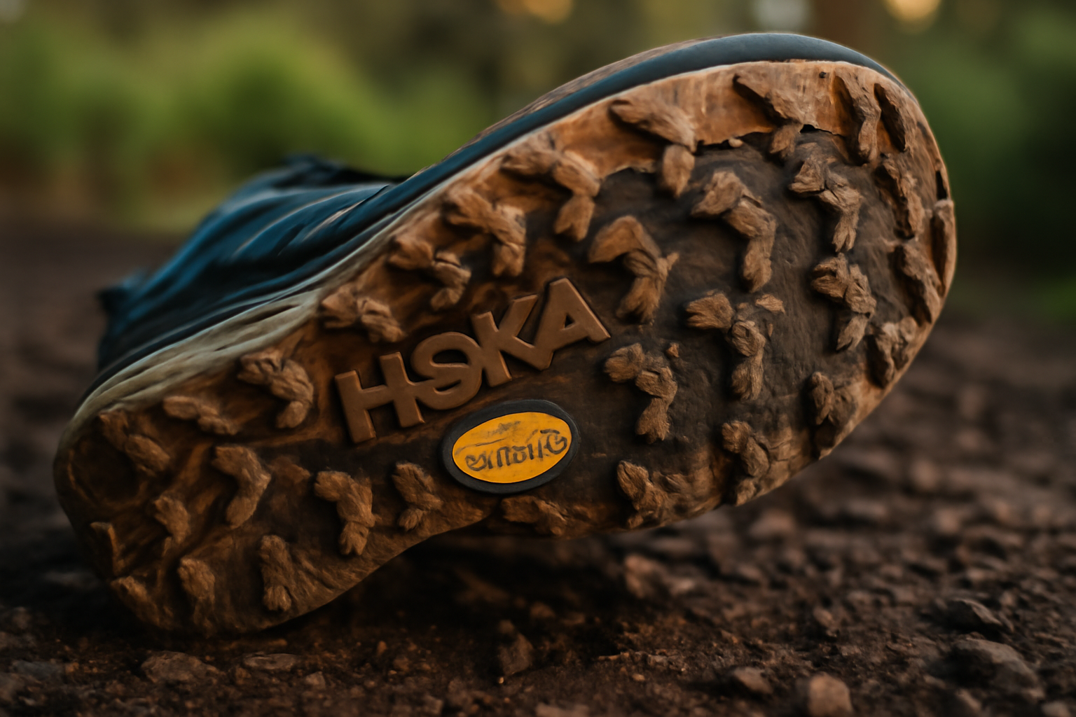 semelle extérieure de la hoka speedgoat 6 avec crampons sur terre humide
