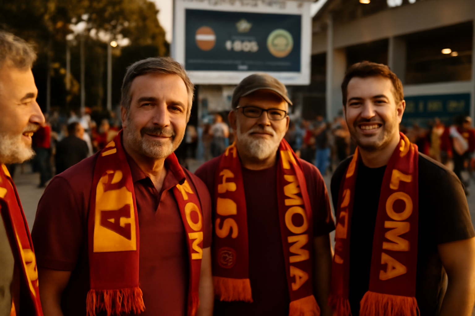 Support de stade à Rome pour italien as roma, supporters portant une écharpe AS Roma, lumière du soir sur l’entrée du stade