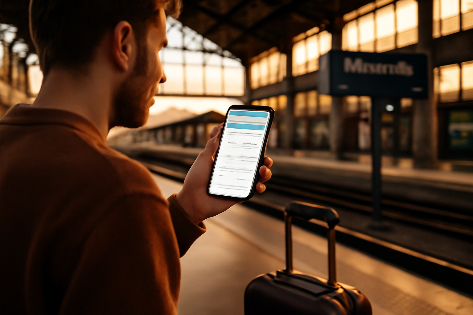Billets et écran de réservation pour un trajet marseille toulouse, gare animée à Marseille