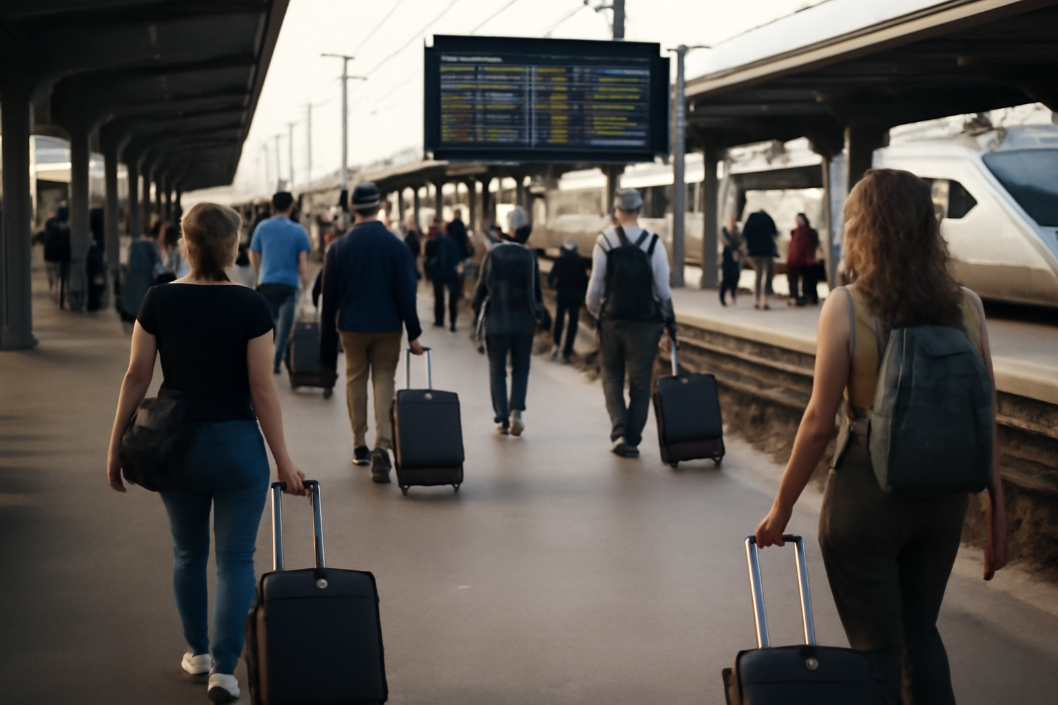 Voyage en train entre Reims et Metz, quais et voyageurs avec bagages