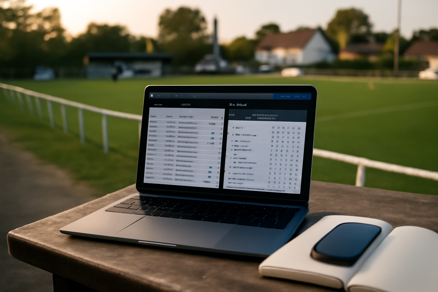 Résultat regional 1 normandie : écran de calendrier et tableau de classement sur un match de Régional 1 en Normandie, ambiance stade au coucher du soleil