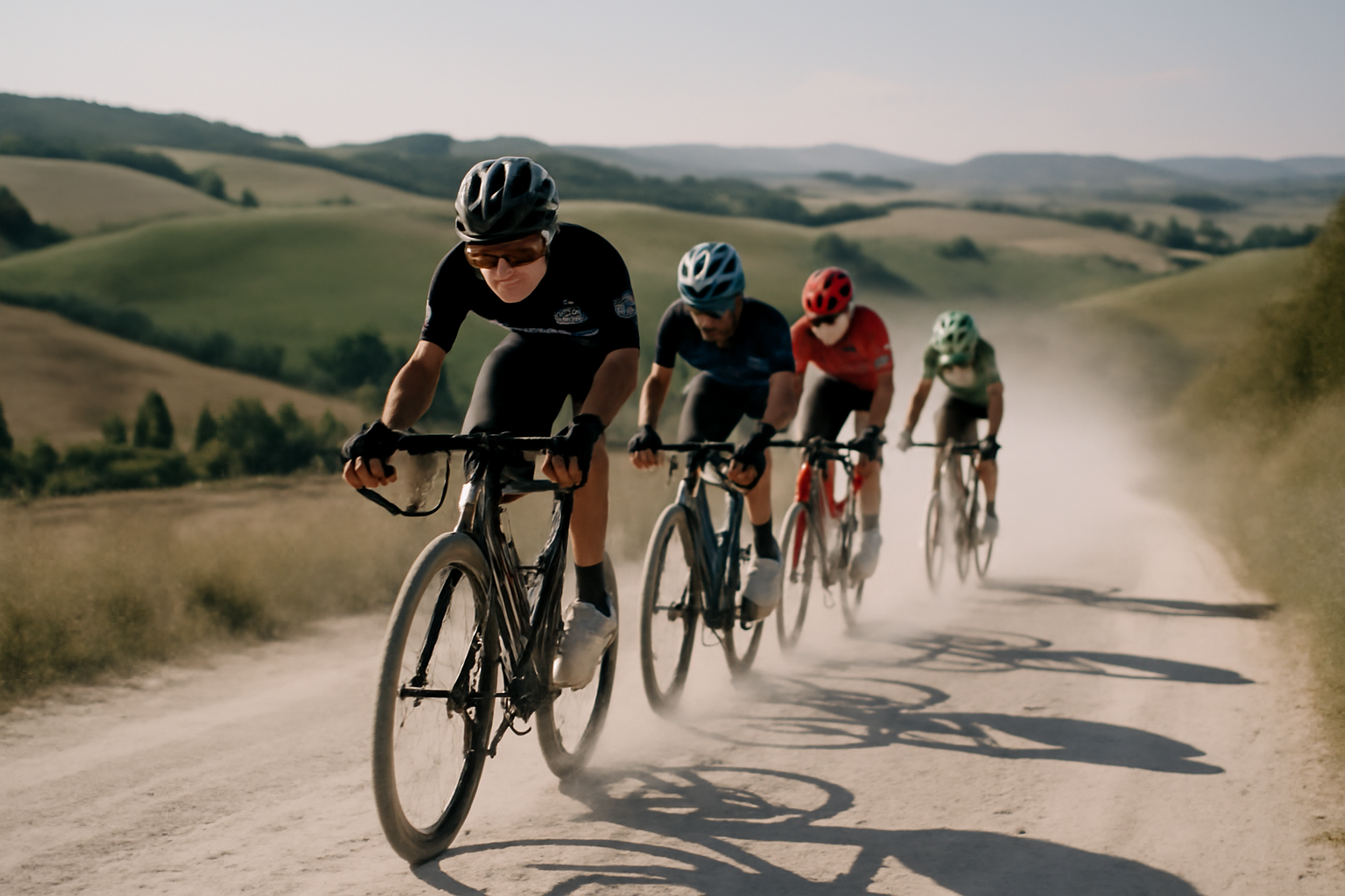 Coureurs cyclistes sur chemins blancs en Toscane lors de la strade bianche 2025, lumière de fin de matinée près de Sienne