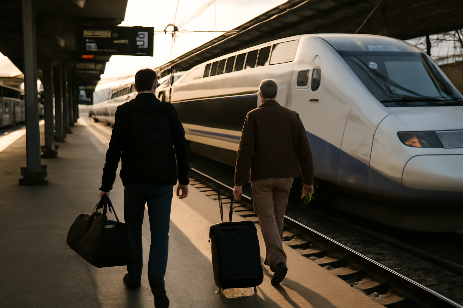 strasbourg lille : TGV à quai entre Strasbourg et Lille, lumière de fin d’après-midi, voyageurs avec valises