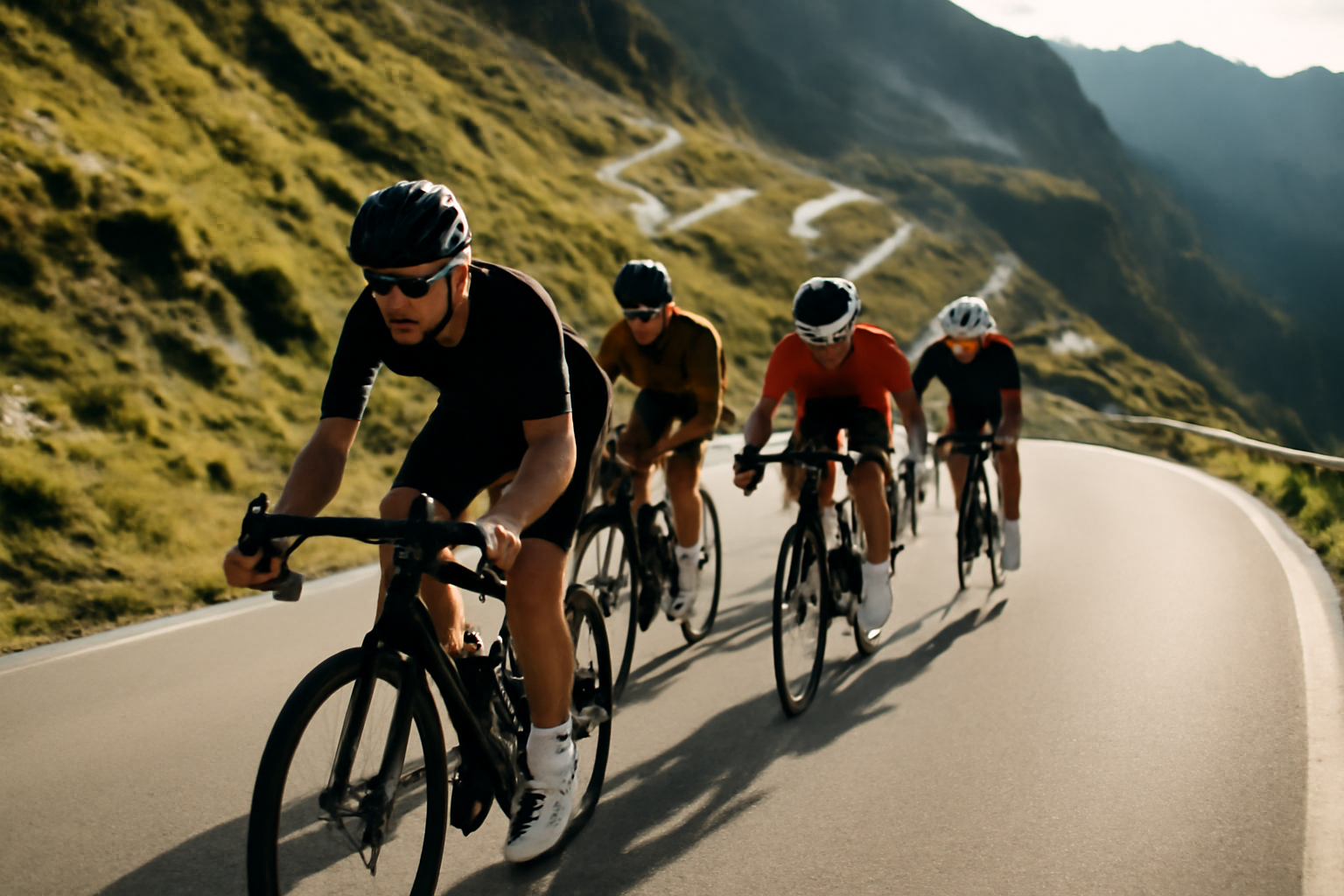 Tour des alpes 2025 : peloton cycliste dans les Alpes italiennes au crépuscule