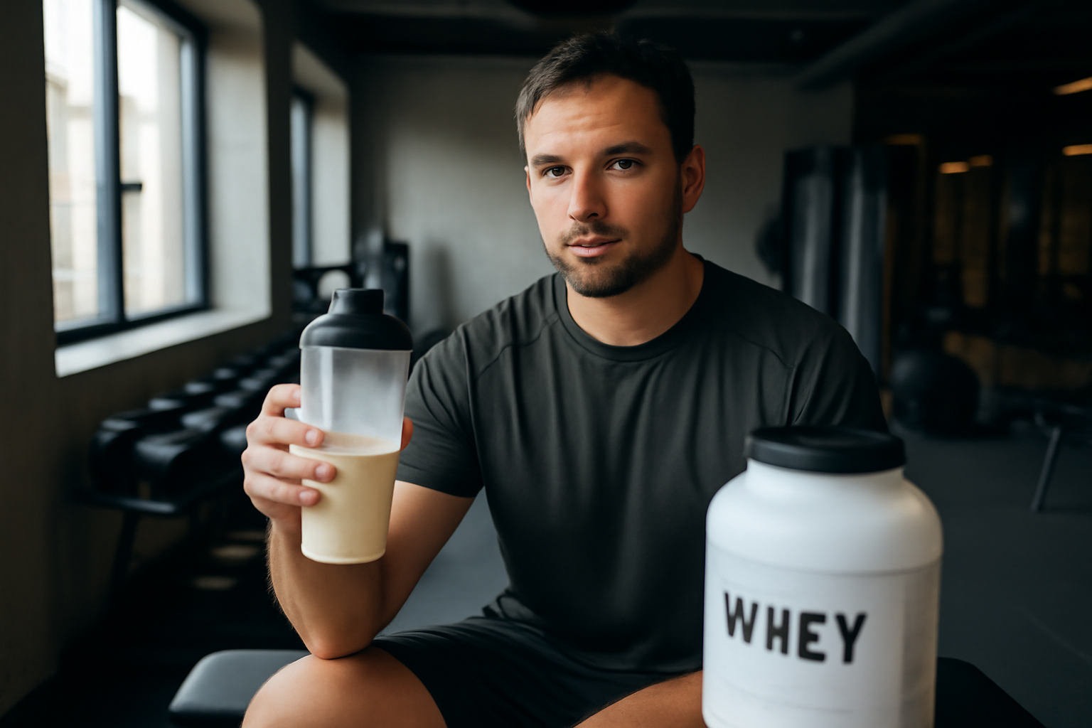 Tsunami nutrition : shaker de whey et isolat dans une salle de sport, lumières naturelles