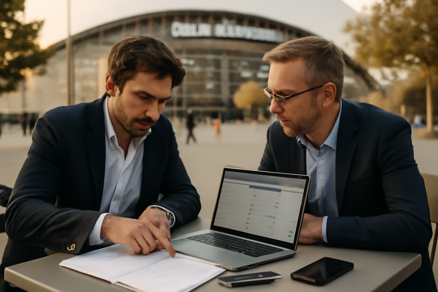 vente OM : négociations de transfert au stade Vélodrome, documents et téléphones, lumière de fin d’après-midi
