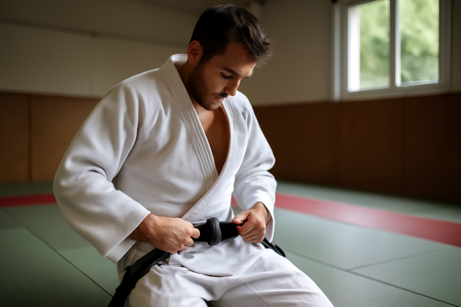 Ceinture au judo sur un judogi blanc, entraînement en dojo avec tapis de tatami