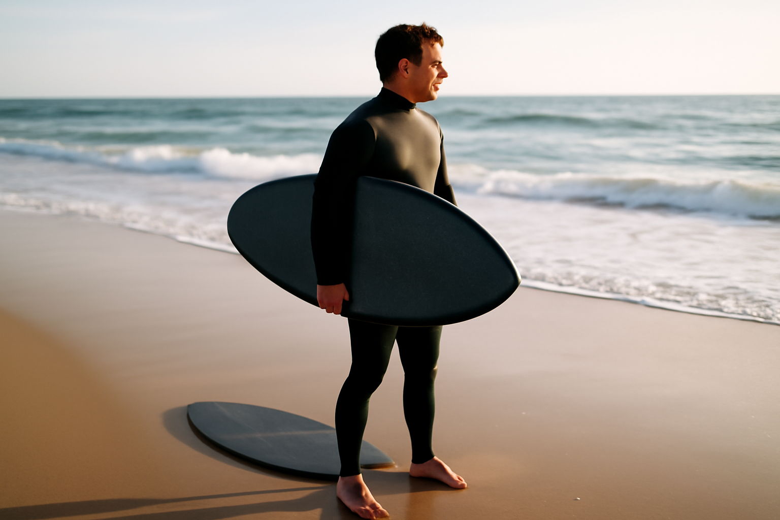 Skimboard board débutant sur une plage française, planche ovale, eau peu profonde