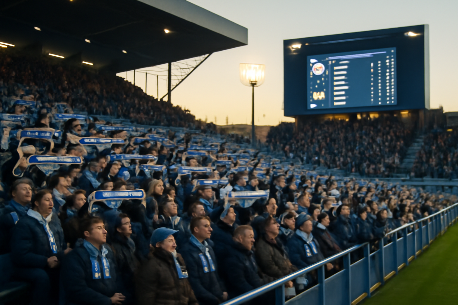 Stade Roudourou, tableau de score et supporters regardant le classement en avant de guingamp