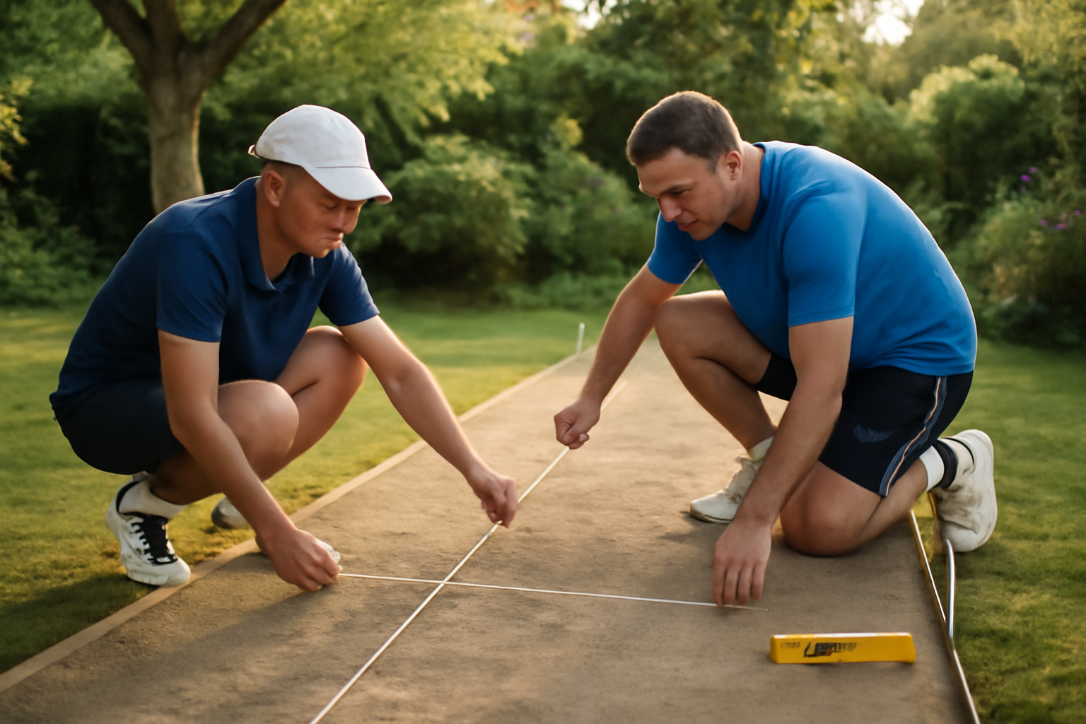 Dimension terrain de pétanque : tracé au sol avec but et ficelle sur une aire plane