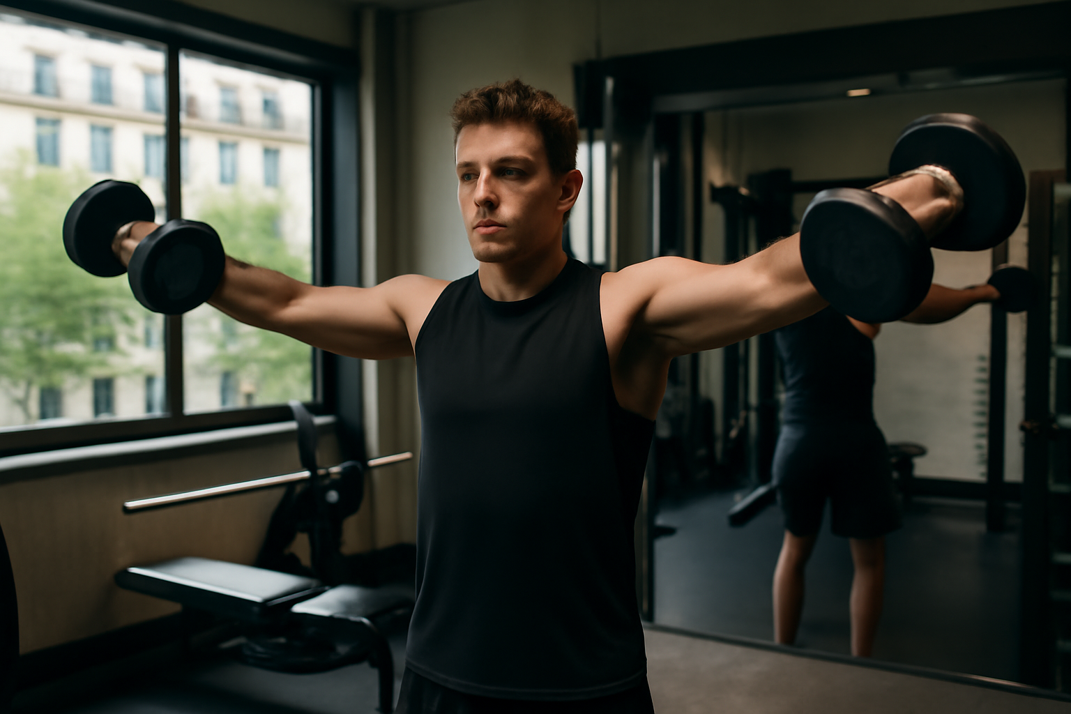 exercices des épaules : séance d’entraînement avec haltères dans une salle de sport, lumière naturelle