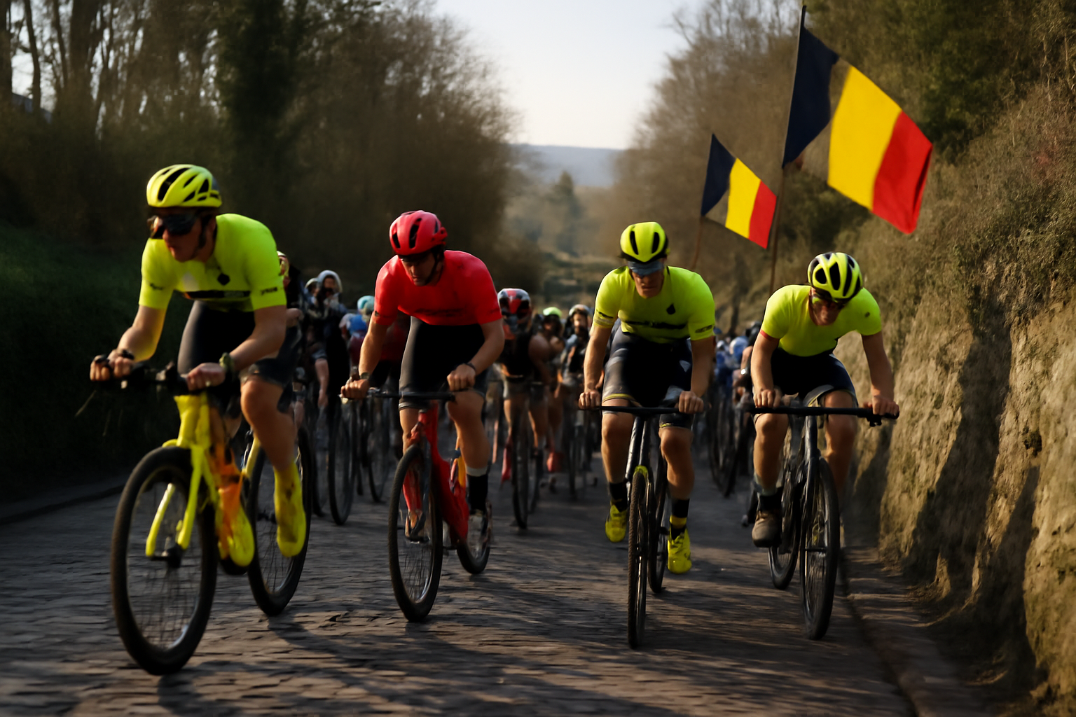fleche wallonne 2026 au Mur de Huy, coureurs cyclistes en pleine ascension sous les drapeaux belges